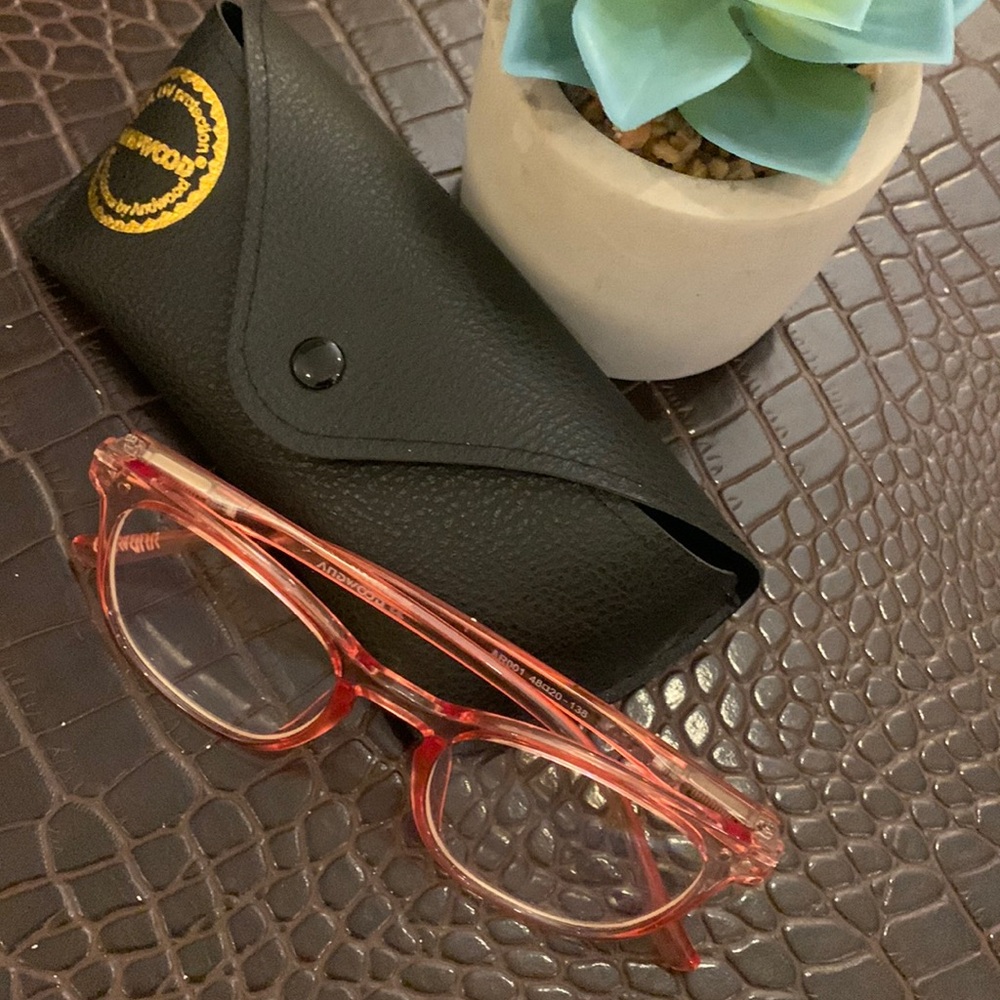🌹 ANDWOOD • Blue-light Blocking Clear Pink 100% UV protection glasses & Case EUC